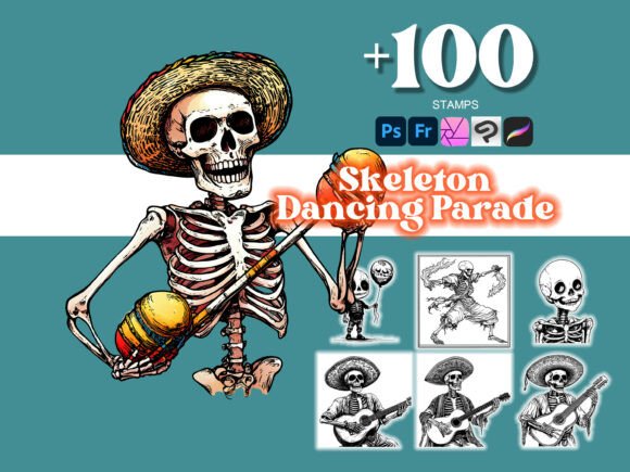 100 Dancing Parade Skeleton Photoshop Brushes – Elevate Your Digital Art with Precision and Style