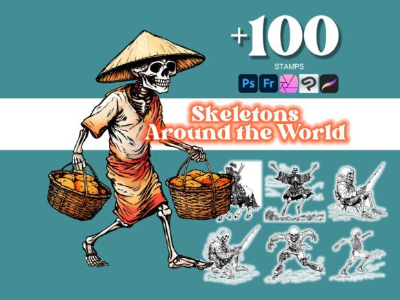 Elevate Your Creative Projects with the 100 Around the World Skeleton Photoshop Brush Set