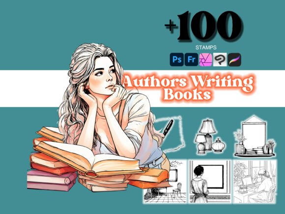 Elevate Your Design Workflow with the 100 Authors Writing Books Photoshop Brush Collection