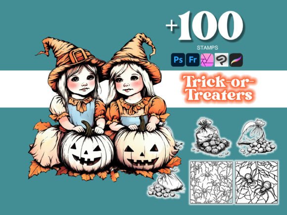 Elevate Your Designs with 100 Trick-or-Treaters Photoshop Brushes