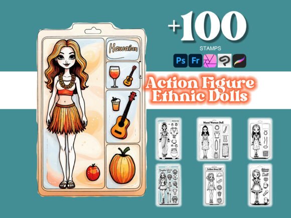 Elevate Your Digital Art with the 100 Action Figure Ethnic Doll Photoshop Brush Set